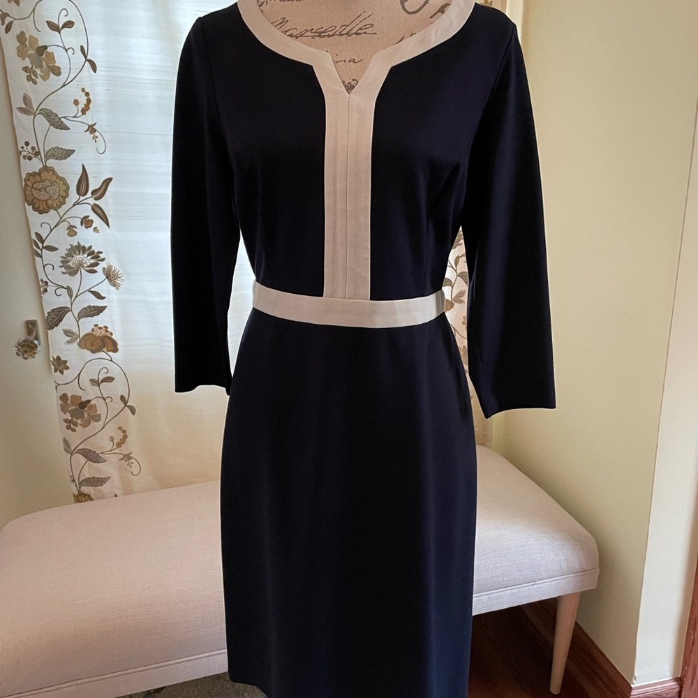 Talbots Navy and Cream Sheath Dress 3/4 Sleeve Split Crew Neck